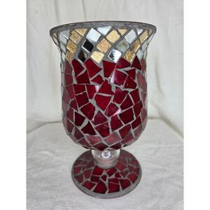 Hearth Side Mosaic Hurricane Large Red Candle Holder Vase Holiday Decorative